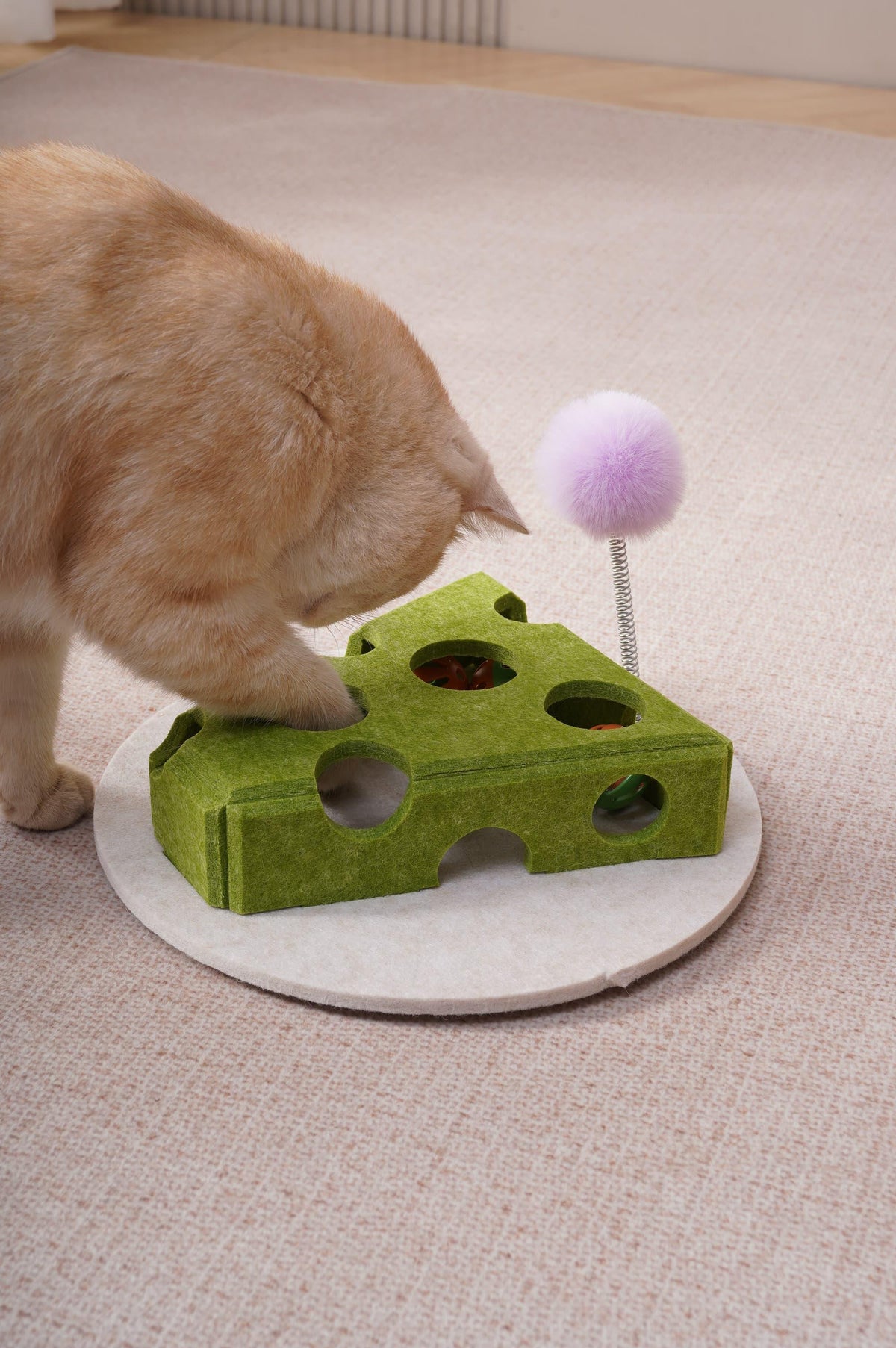 Cat Puzzle Toy With Ball And Spring-loaded Wand Felt Indoor Cat Toy Box Suction Cup Base Treat Puzzle Helps Cats Play In