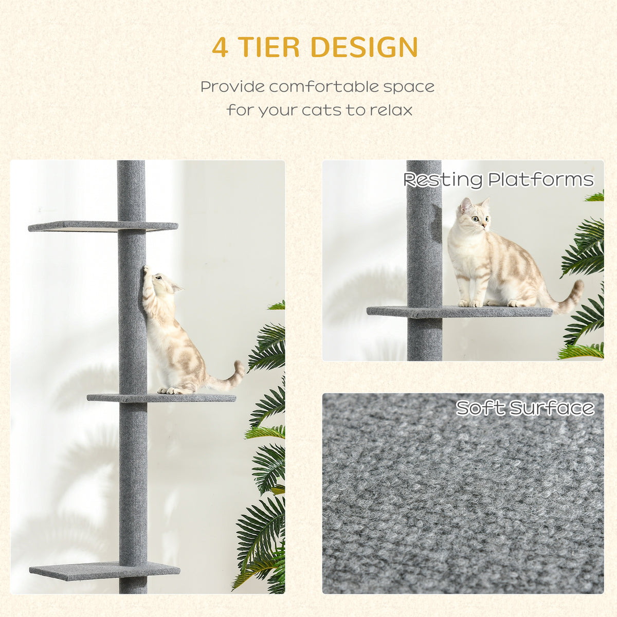 Floor-to-Ceiling Cat Tree Cat Climbing Tower with Sisal-Covered Scratching Posts Natural Cat Activity Center for kittens