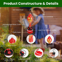1Pc Glass Hummingbird Feeder 33OZ Hand Blown Hummingbird Feeder With 5 Flower Feeding Port Perch Ant Moat Hanging Hook S