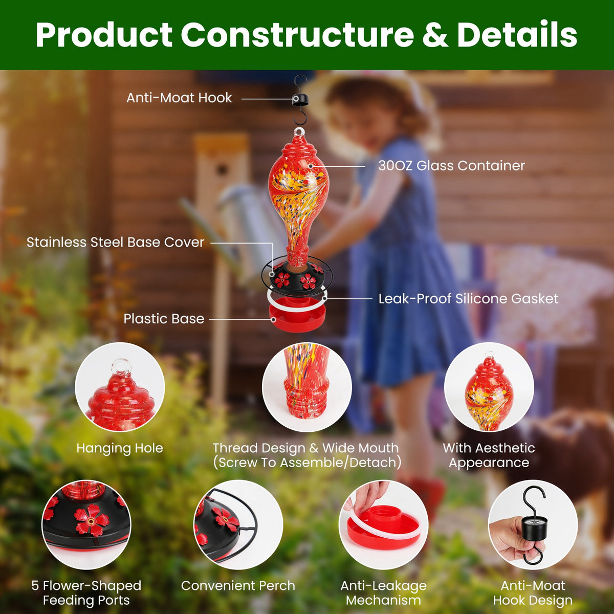 1Pc Glass Hummingbird Feeder 33OZ Hand Blown Hummingbird Feeder With 5 Flower Feeding Port Perch Ant Moat Hanging Hook S