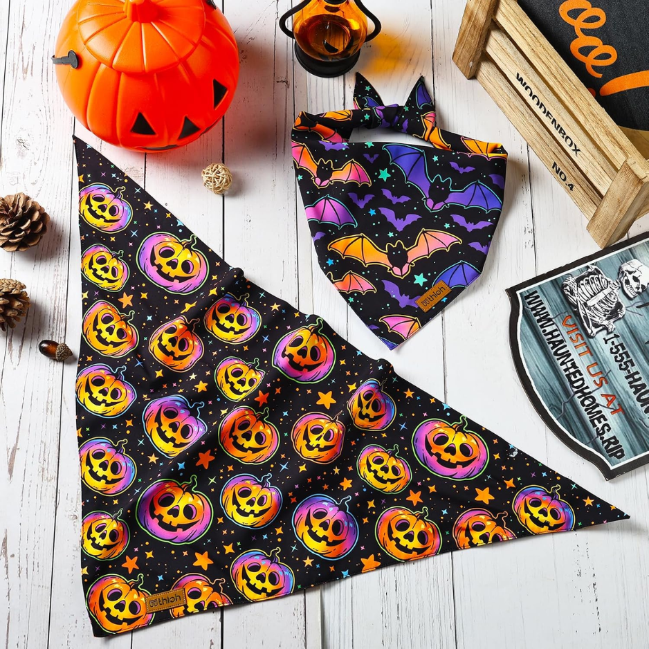Halloween Dog Bandanas 2 Pack Reversible Pumpkin And Bat Pet Scarf For Boys And Girls Holiday Dog Bandana For Medium And