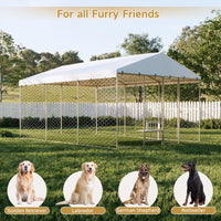 15x10 FT Large Outdoor Dog Kennel with Canopy, Heavy Duty Galvanized Steel Frame, Waterproof Cover, Built-in Elevated Fe