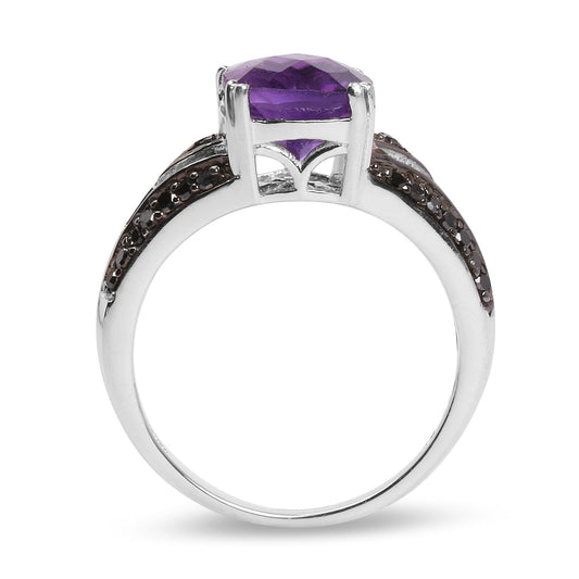 2.87 Carat Genuine Amethyst and Black Diamond .925 Sterling Silver Ring