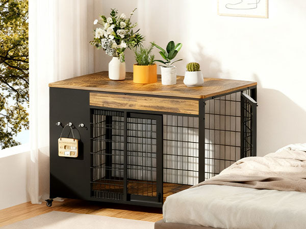 38in Dog Crate Furniture - Dog Crate With DIY Frame, Sliding Door Indoor Kennel, Wooden Dog Cage End Table, For Medium-L