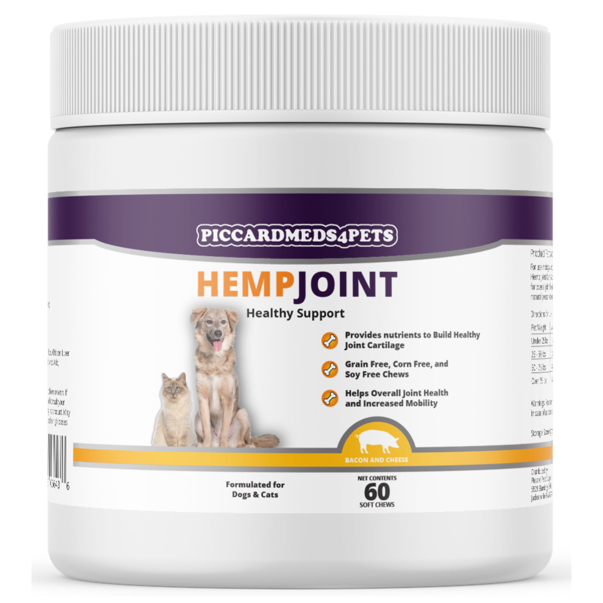 Piccardmeds4pets Hemp + MSM Joint Support Chews for Dogs and Cats 60 Count