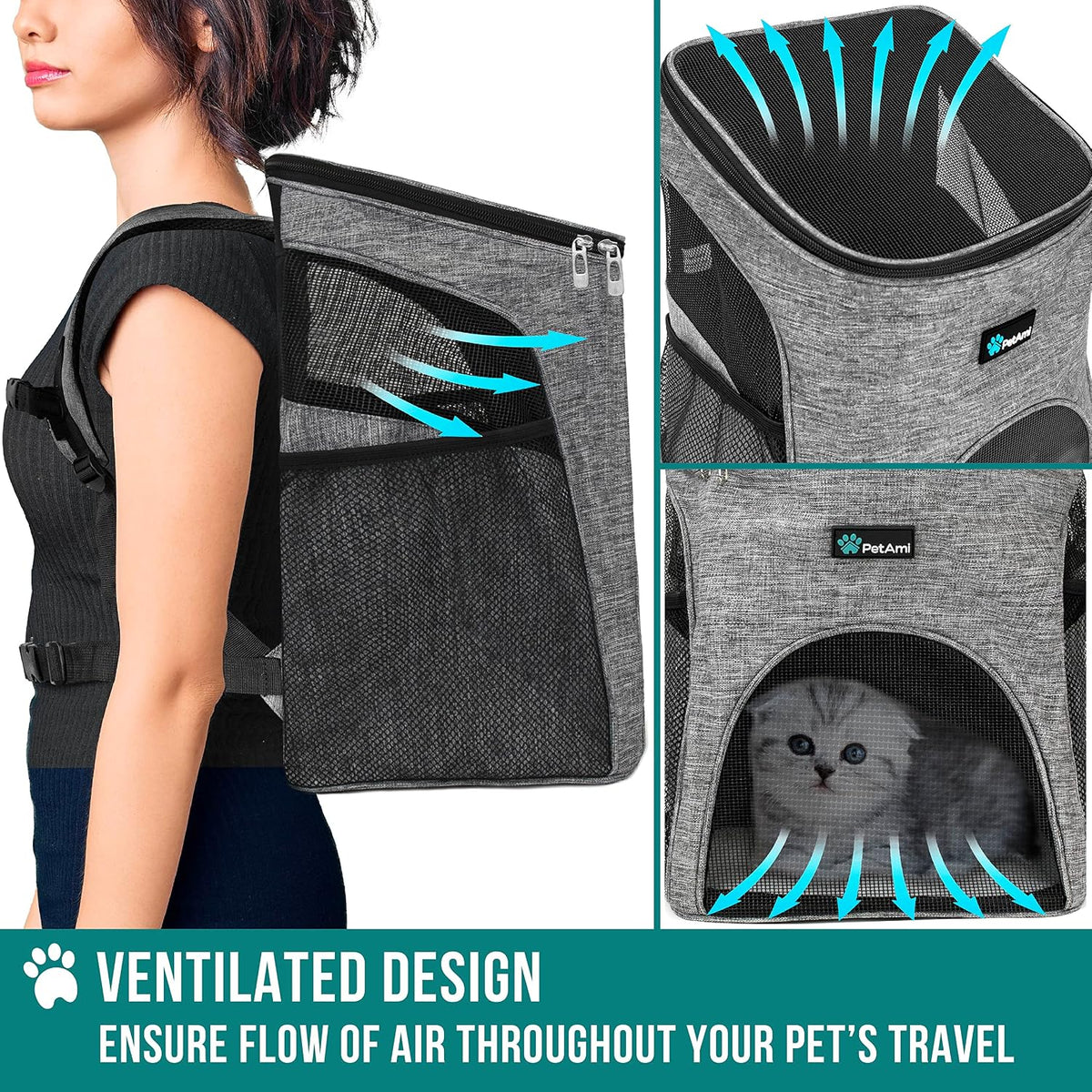 PetAmi Cat Backpack Carrier for Small Dogs and Large Cats - Heather Gray - image 4
