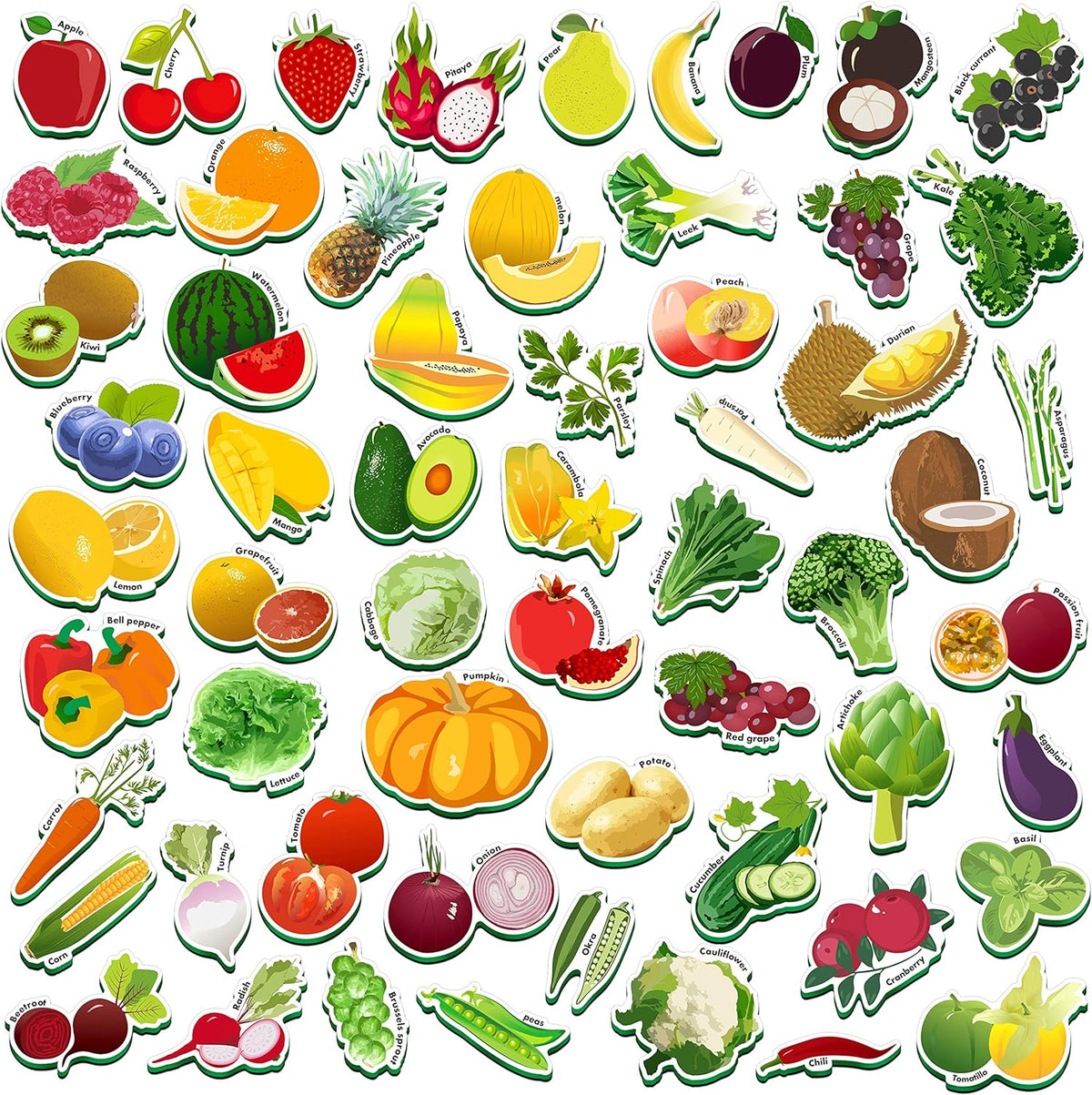 SpriteGru 59 piece fruit and vegetable magnets for toddlers for fridge and whiteboard