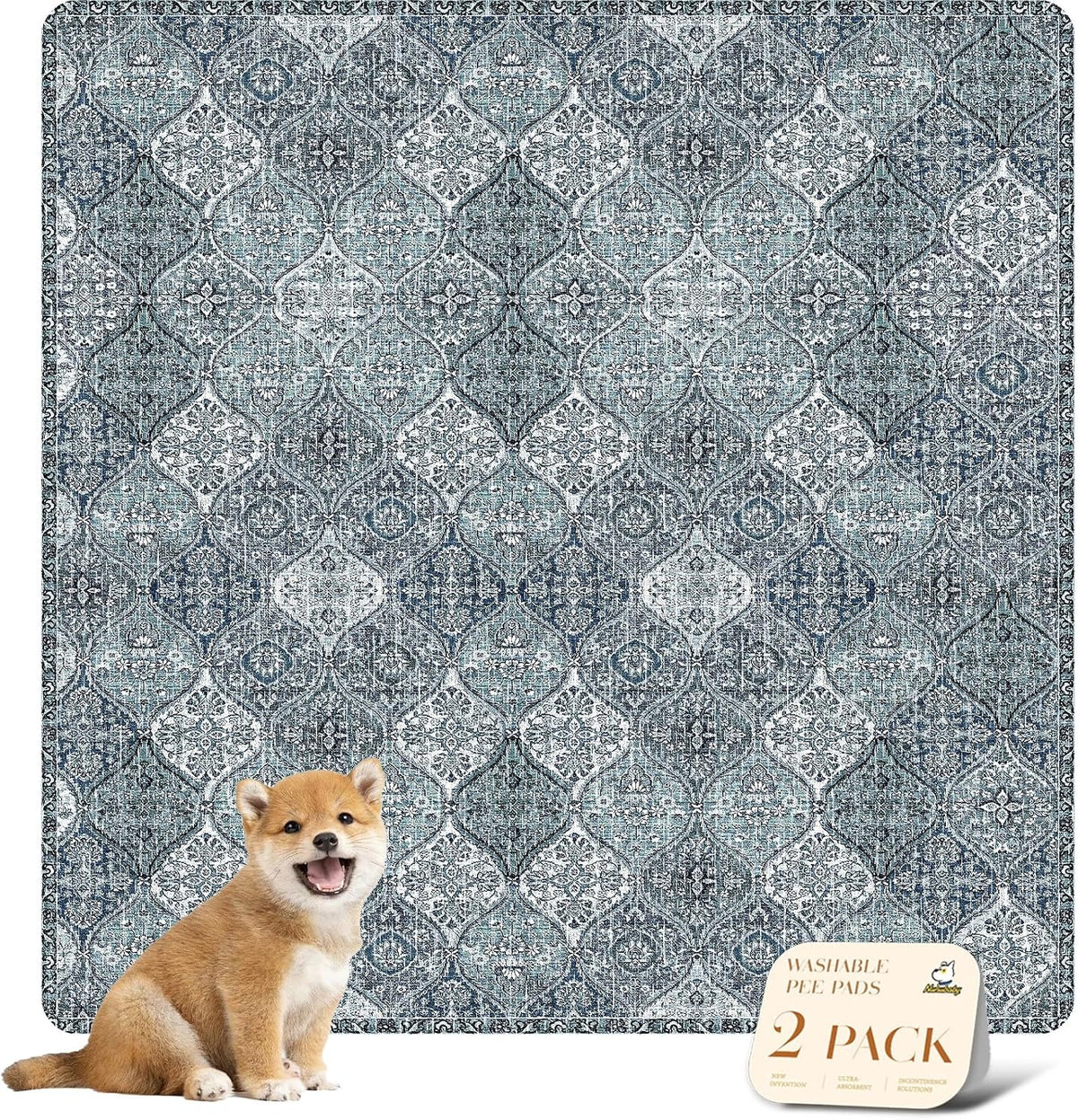 Washable Pee Pads for Dogs, Stylish - 48x48 Inch (Pack of 2) / Blue/Multi