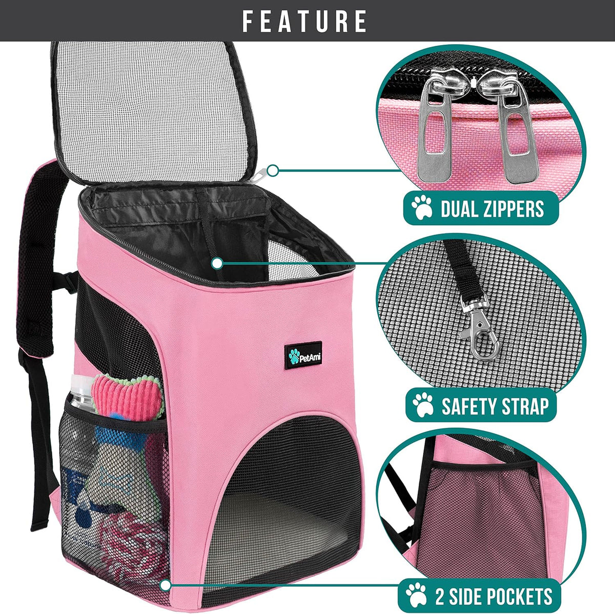 PetAmi Cat Backpack Carrier for Small Dogs and Large Cats - Pink - image 3