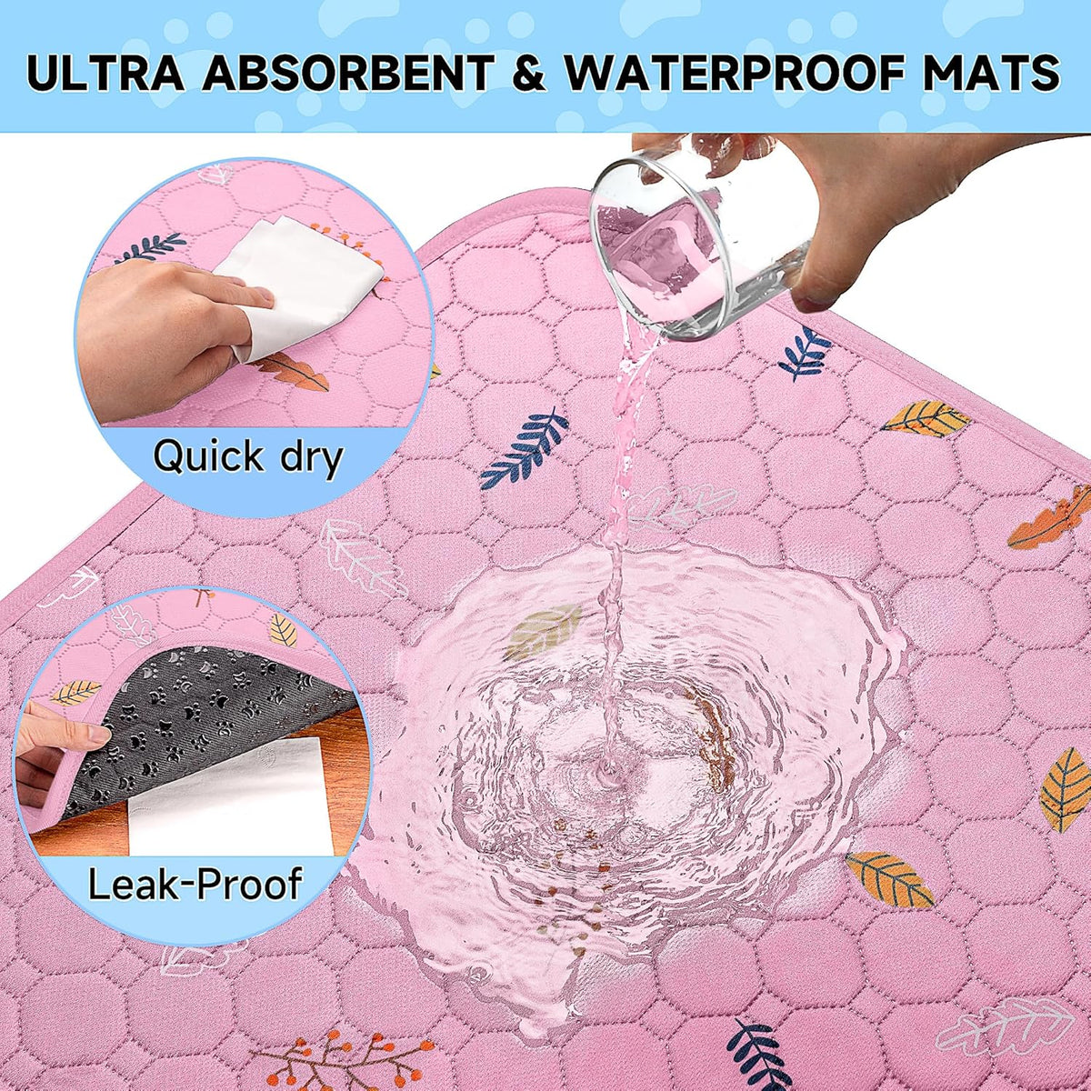 Washable Pee Pads for Dogs - Leaves - Pink / 18x24 Inch (Pack of 2) - image 3