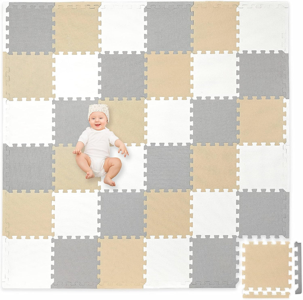 Non-Toxic Extra-Thick 36 Piece Children Play & Exercise Mat - 6 ft x 6 ft (Square) / Warm Grey/Cream/Sand