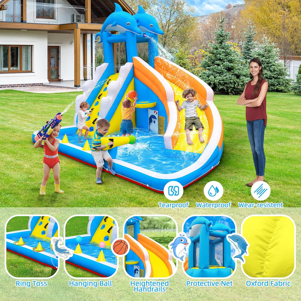 TOAOB inflatable water slide, dolphin bounce house with splash pool and climbing wall - view 4