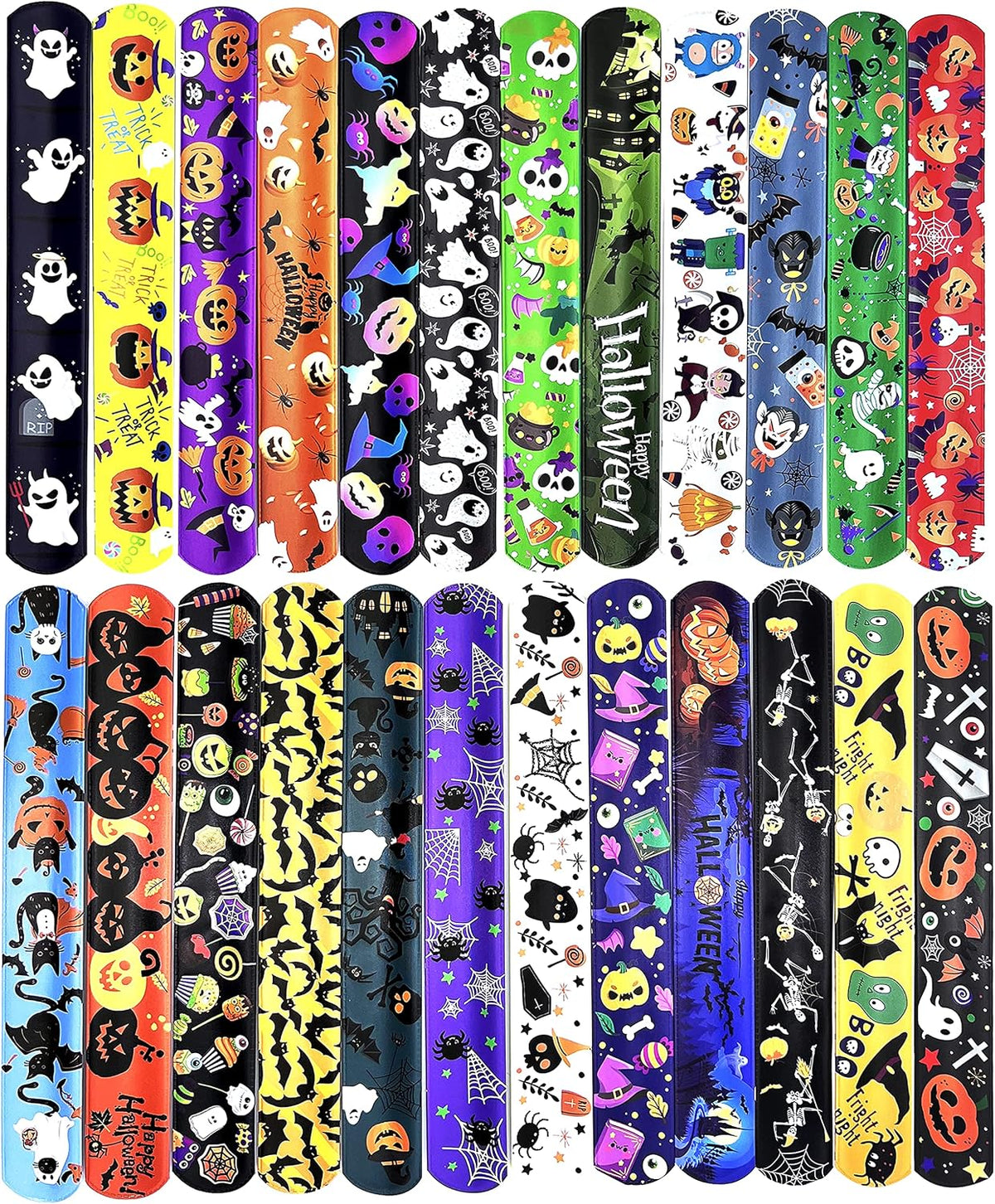 Dminya 24 pack Halloween slap bracelets for kids with skull, pumpkin, ghost and bat prints - view 2