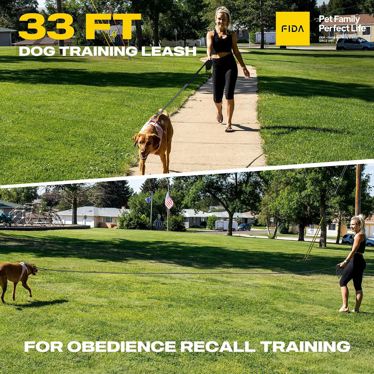 Fida Obedience Recall Training Agility Lead, Orange - 33FT / Black - image 2