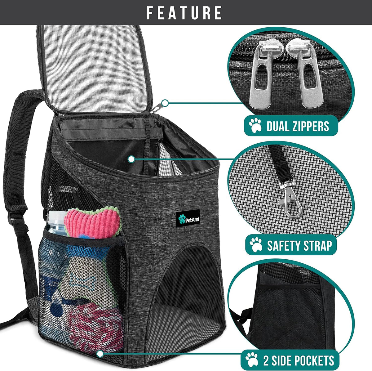 PetAmi Cat Backpack Carrier for Small Dogs and Large Cats - Heather Charcoal - image 3