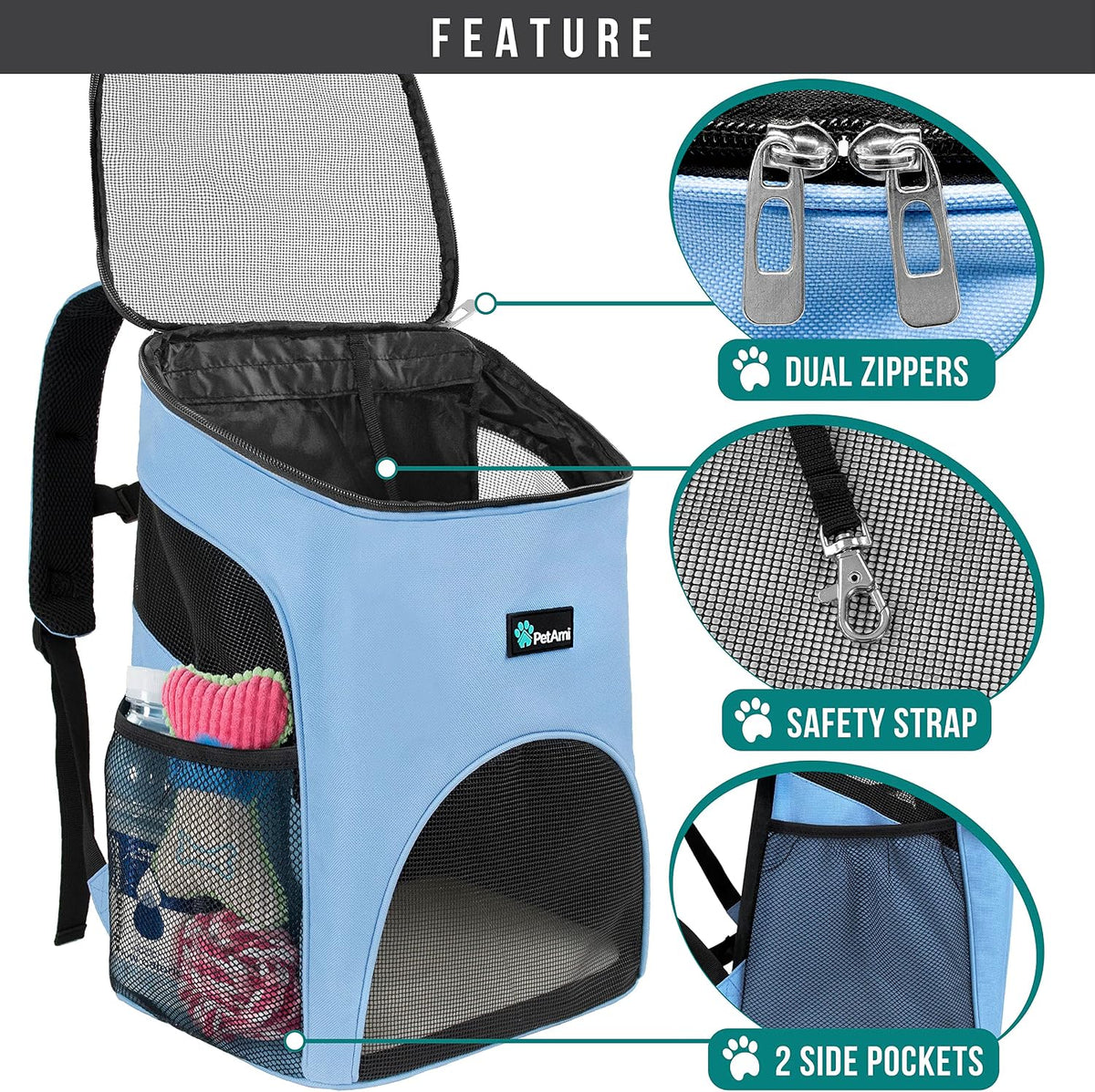 PetAmi Cat Backpack Carrier for Small Dogs and Large Cats - Light Blue - image 3