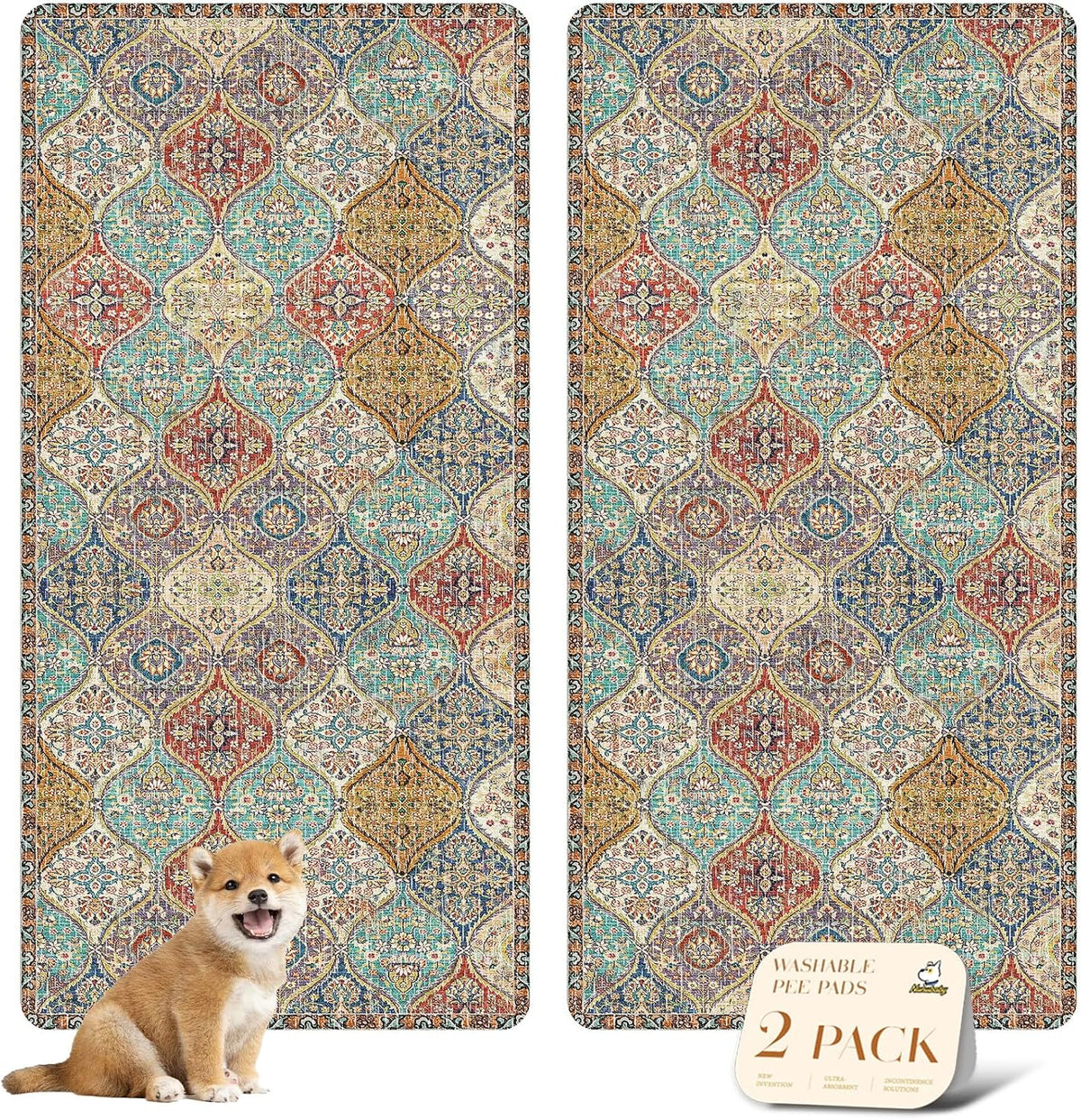 Washable Pee Pads for Dogs, Stylish - 36x72 Inch (Pack of 2) / Cream/Multi
