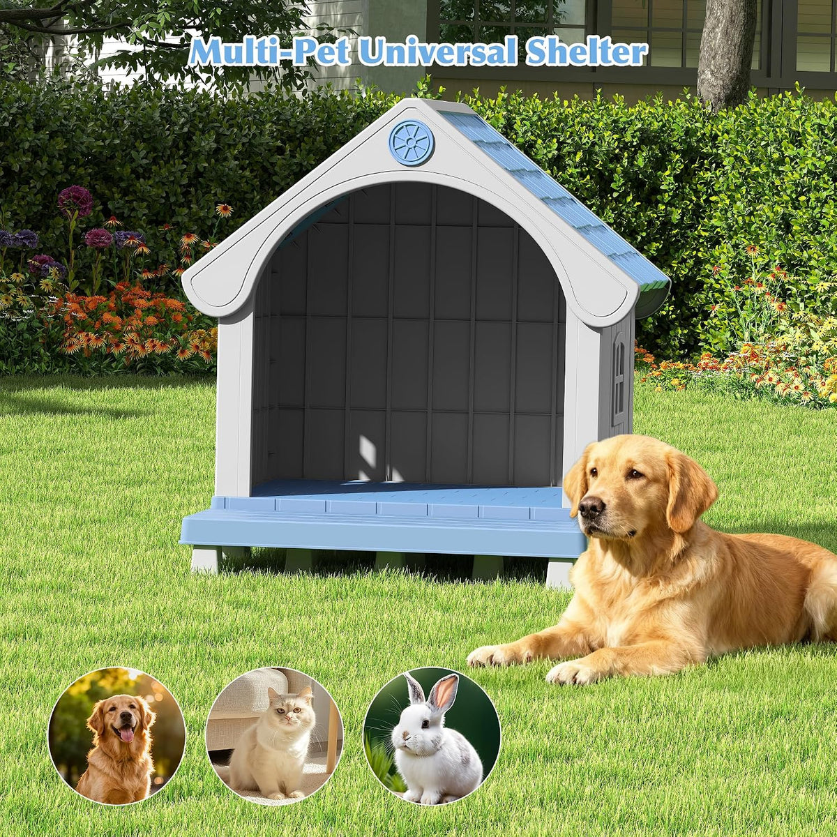 Dog House Outdoor, Plastic Small Dog House-Weatherproof Design with Air Vents & Elevated Floor - Blue / 32.95" L x 31.5" W x 37.88" H - image 4