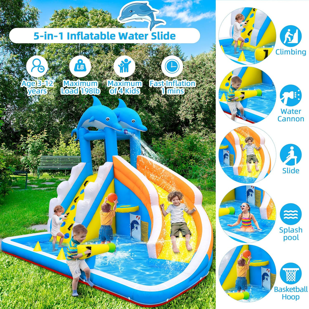 TOAOB inflatable water slide, dolphin bounce house with splash pool and climbing wall - view 2