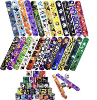Dminya 24 pack Halloween slap bracelets for kids with skull, pumpkin, ghost and bat prints