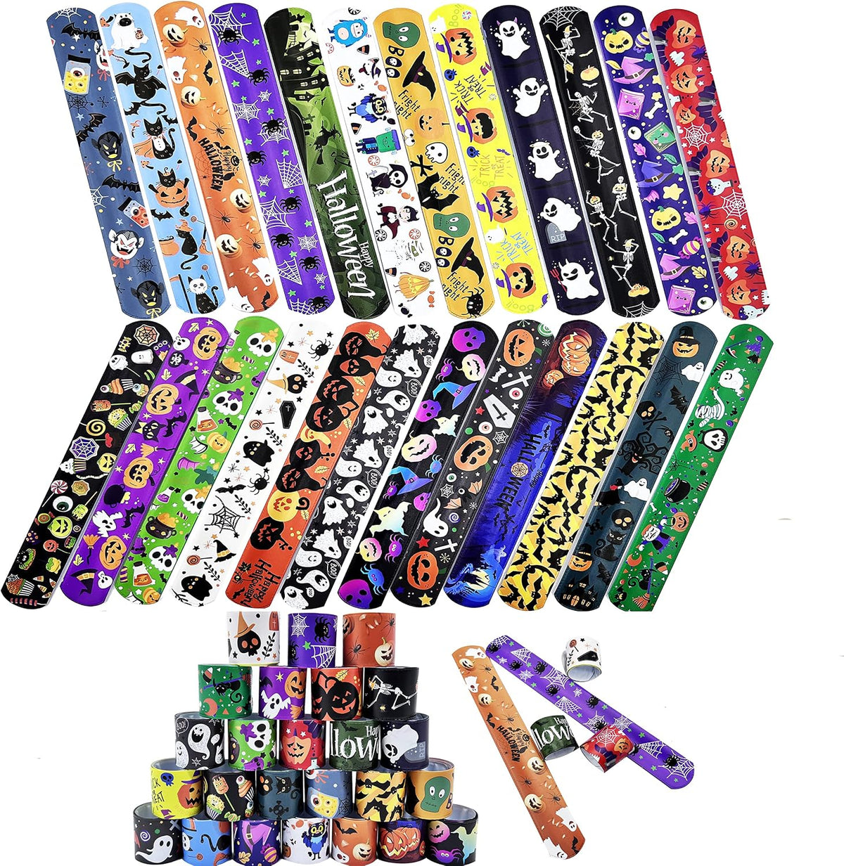 Dminya 24 pack Halloween slap bracelets for kids with skull, pumpkin, ghost and bat prints