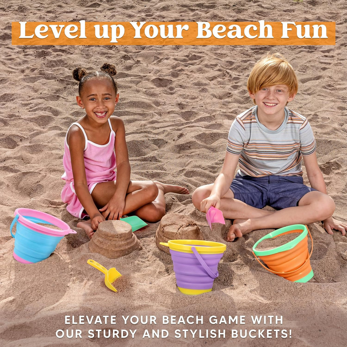 JOYIN Foldable Beach Bucket Set, Camping Gear, Travelling - Orange/Blue/Purple - image 3