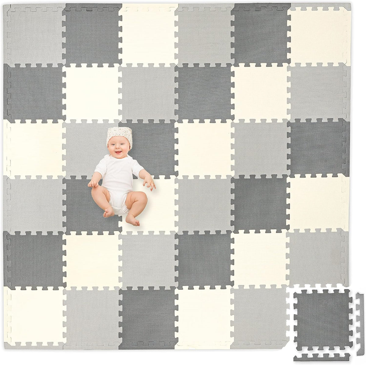 Non-Toxic Extra-Thick 36 Piece Children Play & Exercise Mat - 6 ft x 6 ft (Square) / Grey/Cream/Charcoal