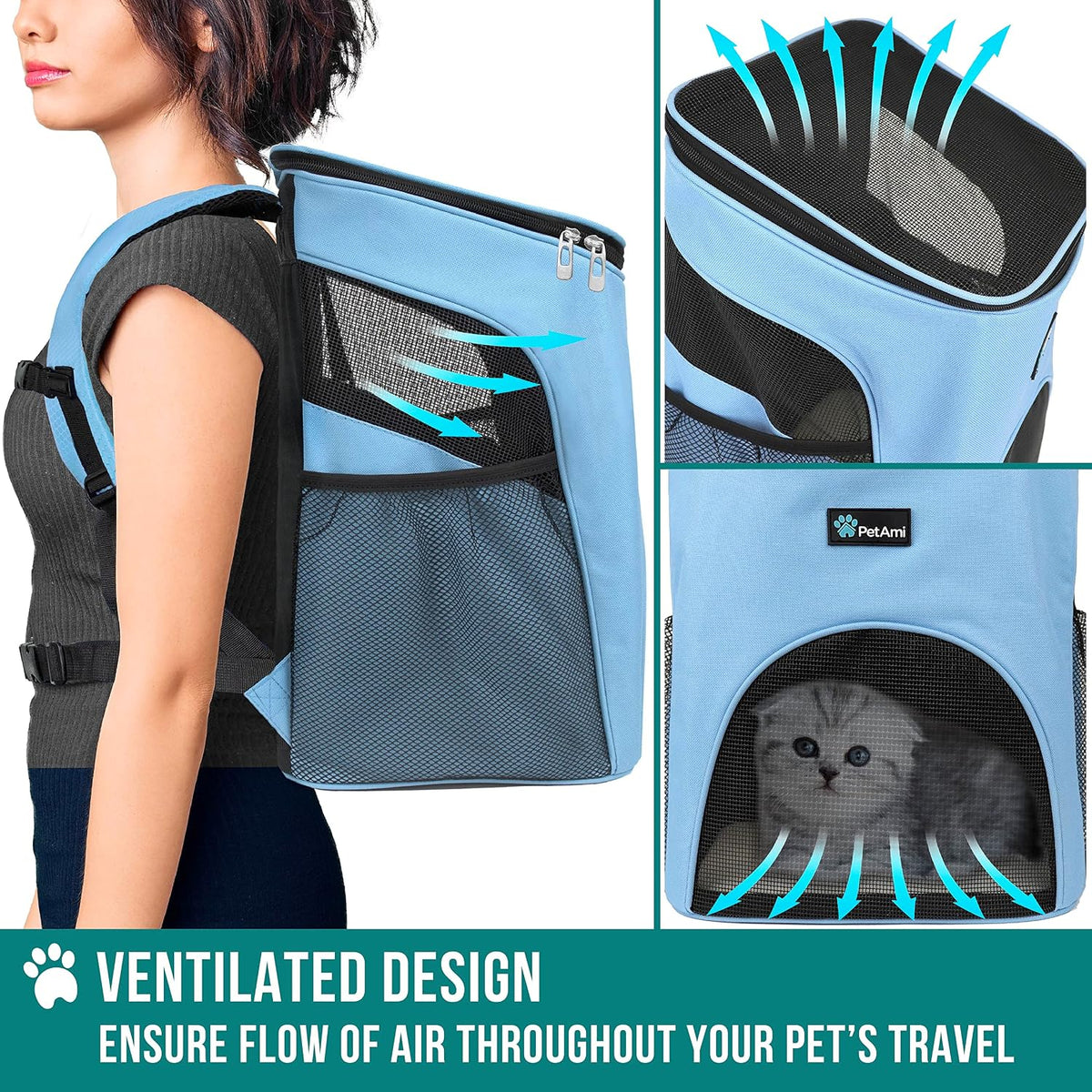 PetAmi Cat Backpack Carrier for Small Dogs and Large Cats - Light Blue - image 4