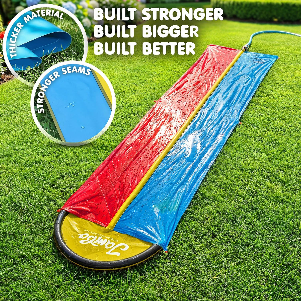 JAMBO Premium Triple Water Slide with 3 Bodyboards - 22.5ft Double Lane Yellow, Blue - image 4