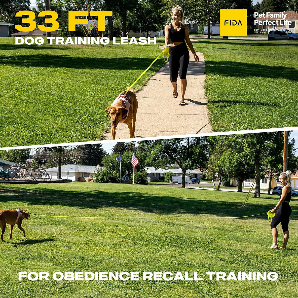 Fida Obedience Recall Training Agility Lead, Orange - 33FT / Neon Yellow - image 2