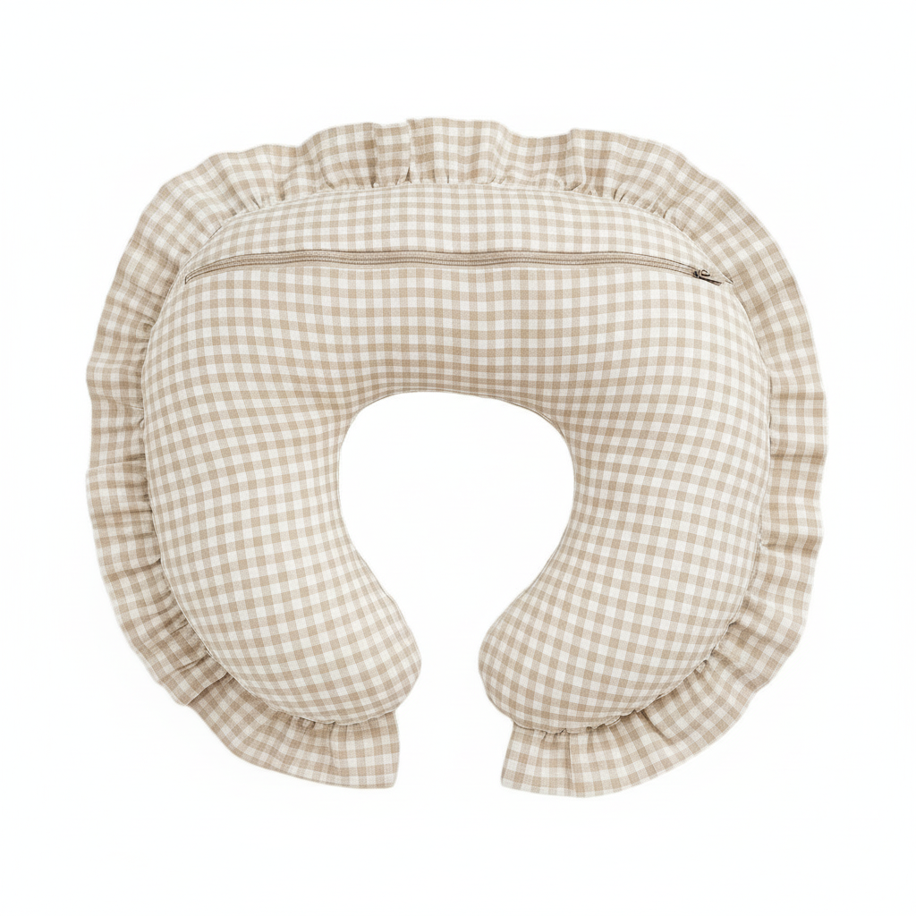 Beige Gingham Ruffle Nursing Pillow Cover