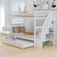 Twin over Twin Bunk Bed with Trundle and Storage  White