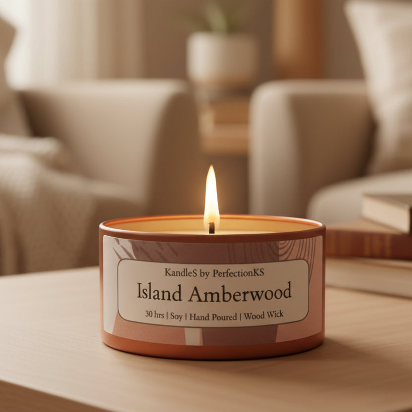 Island Amberwood Luxury Candle | 8oz Non-Toxic Soy Candle with Wooden Wick | Clean Burn