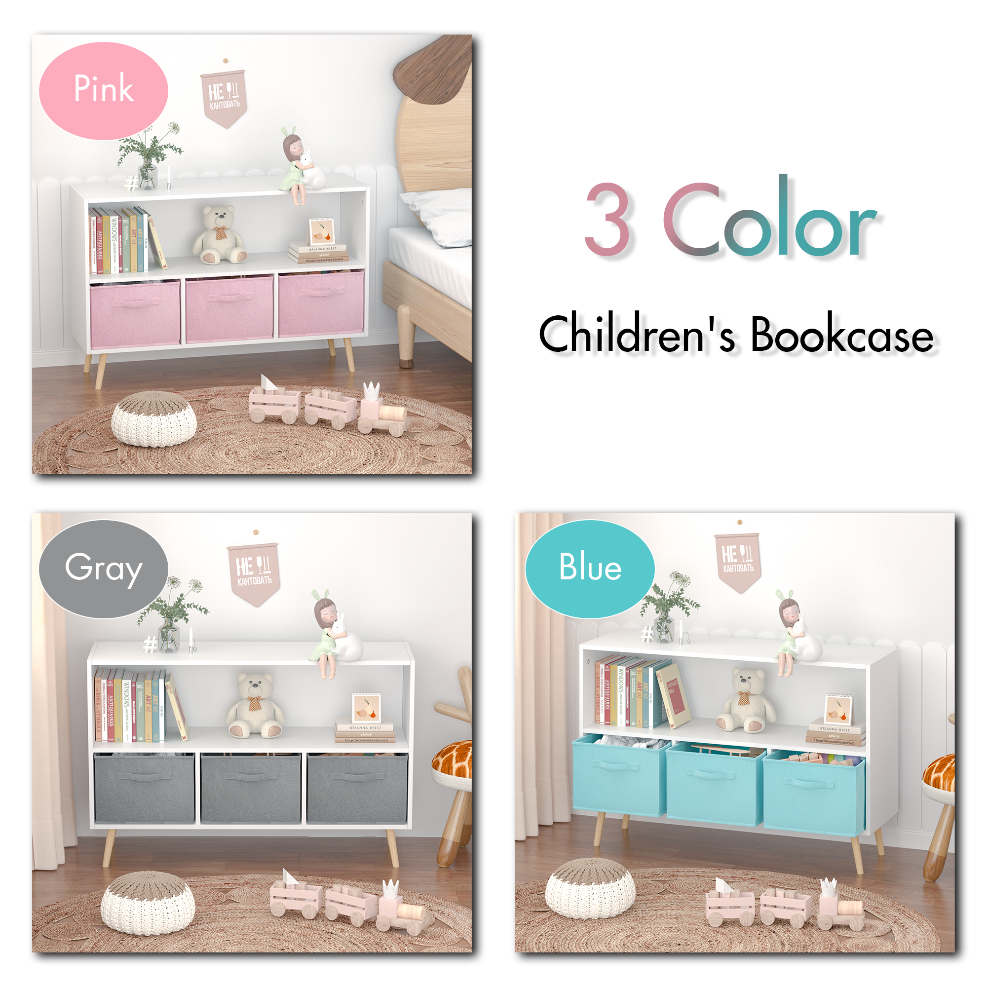 Kids bookcase with Collapsible Fabric Drawers Children's Book Display Toy Storage Cabinet Organizer White/Blue
