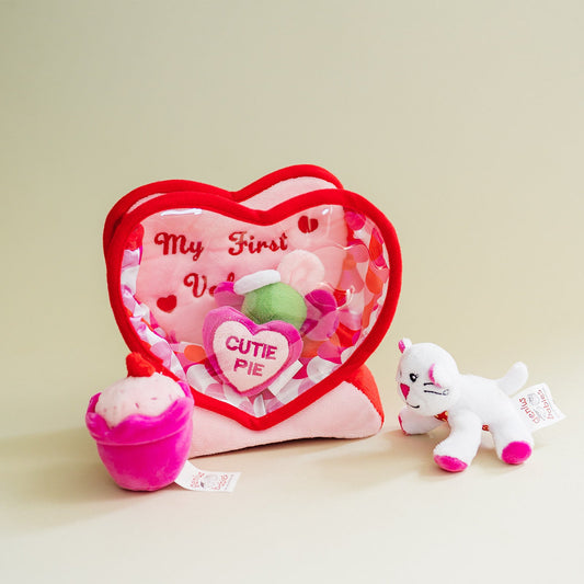 Valentine's Day Plush Fill & Spill Playset & Keepsake Gift with 4 ct Mini Sensory Toys (Cat, Heart, Flower, Cupcake) - BIG FRENCHIES