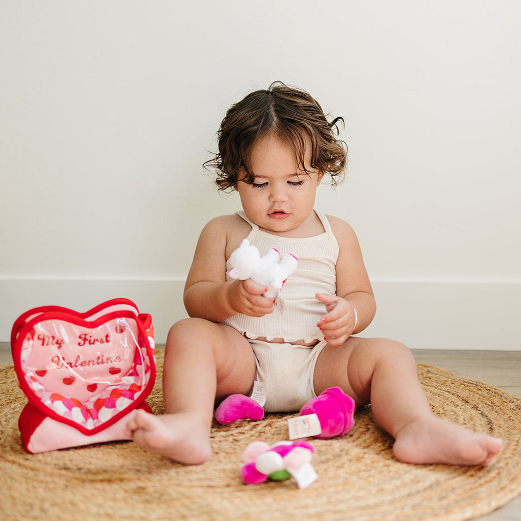 Valentine's Day Plush Fill & Spill Playset & Keepsake Gift with 4 ct Mini Sensory Toys (Cat, Heart, Flower, Cupcake) - BIG FRENCHIES