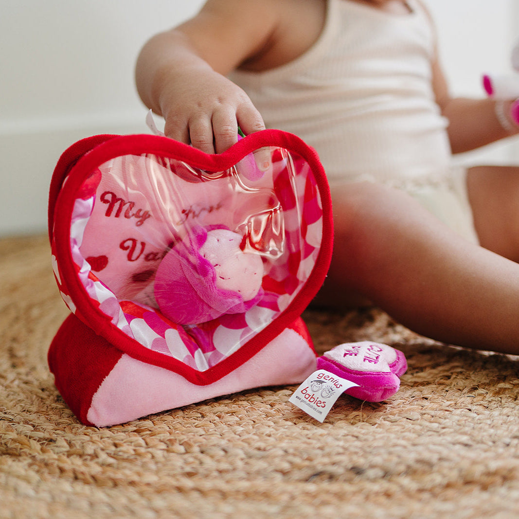 Valentine's Day Plush Fill & Spill Playset & Keepsake Gift with 4 ct Mini Sensory Toys (Cat, Heart, Flower, Cupcake) - BIG FRENCHIES