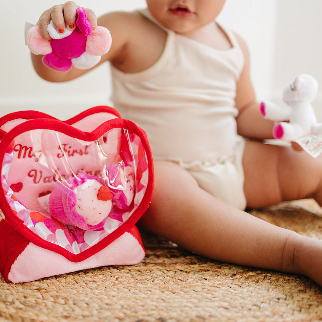 Valentine's Day Plush Fill & Spill Playset & Keepsake Gift with 4 ct Mini Sensory Toys (Cat, Heart, Flower, Cupcake) - BIG FRENCHIES