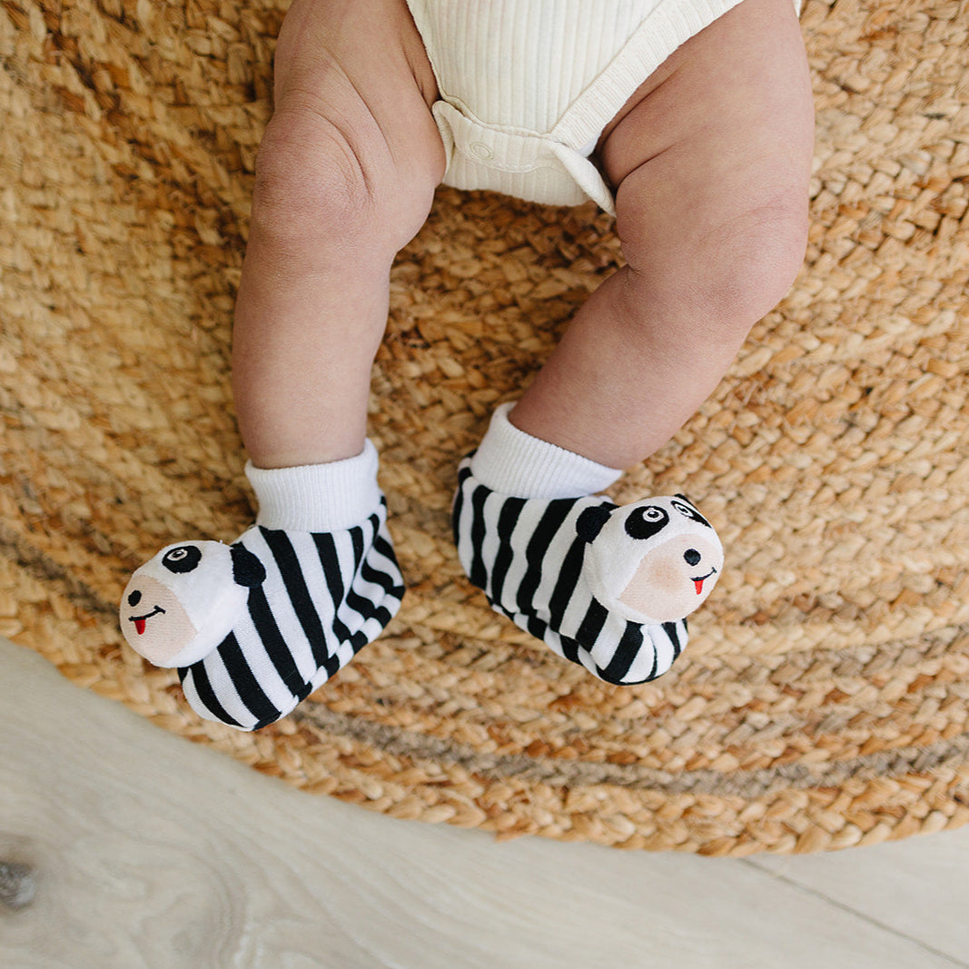 Black & White Pair of Panda Baby Booties with Rattle - BIG FRENCHIES