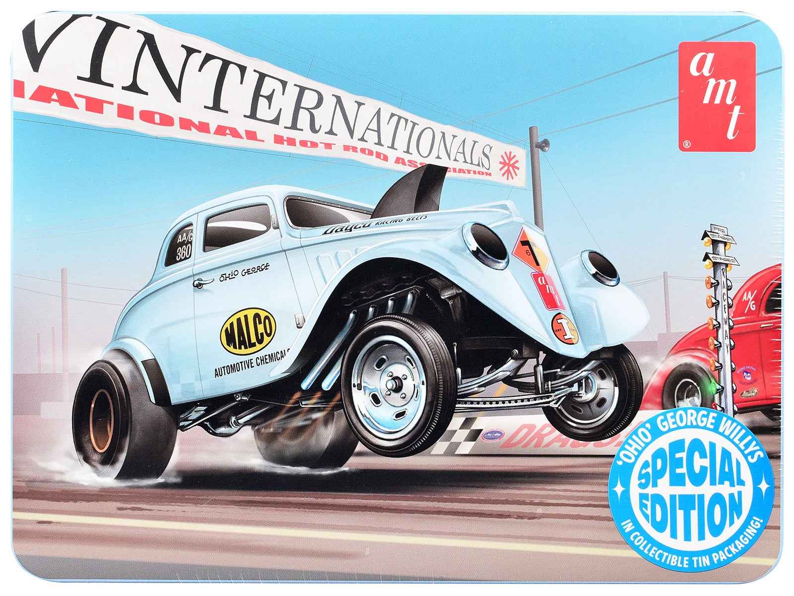 Skill 2 Model Kit 1933 Willys Gasser "Ohio George" with Collectible Tin Packaging 1/25 Scale Model by AMT