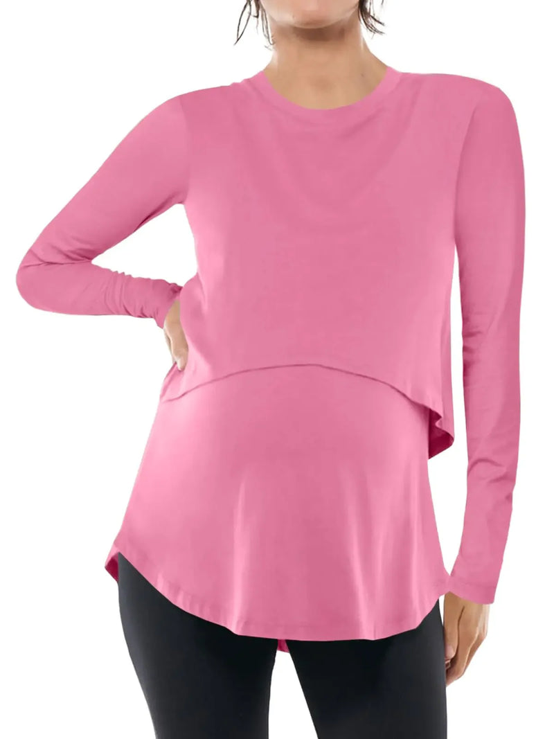 Womens Maternity Nursing Tops Casual Long Sleeve Double Layer Breastfeeding Shirts Pregnancy Clothes Pink - # BAGE211510124-NURSG - BIG FRENCHIES