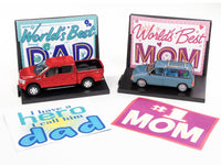 2018 Ford F-150 Pickup Truck Red and 1984 Dodge Caravan Minivan Blue Metallic "World's Best Mom and Dad" Set of 2 Pieces 1/64 Diecast Model Cars by Auto World