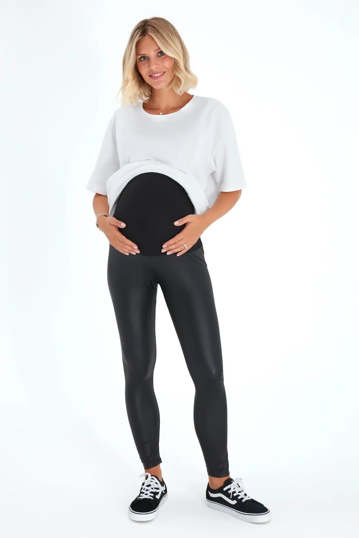Subtle Foldover Waistband Faux Leather Maternity Leggings - BIG FRENCHIES