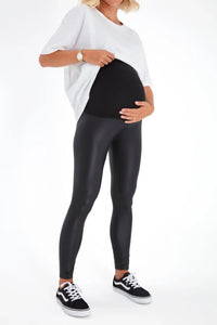 Subtle Foldover Waistband Faux Leather Maternity Leggings - BIG FRENCHIES
