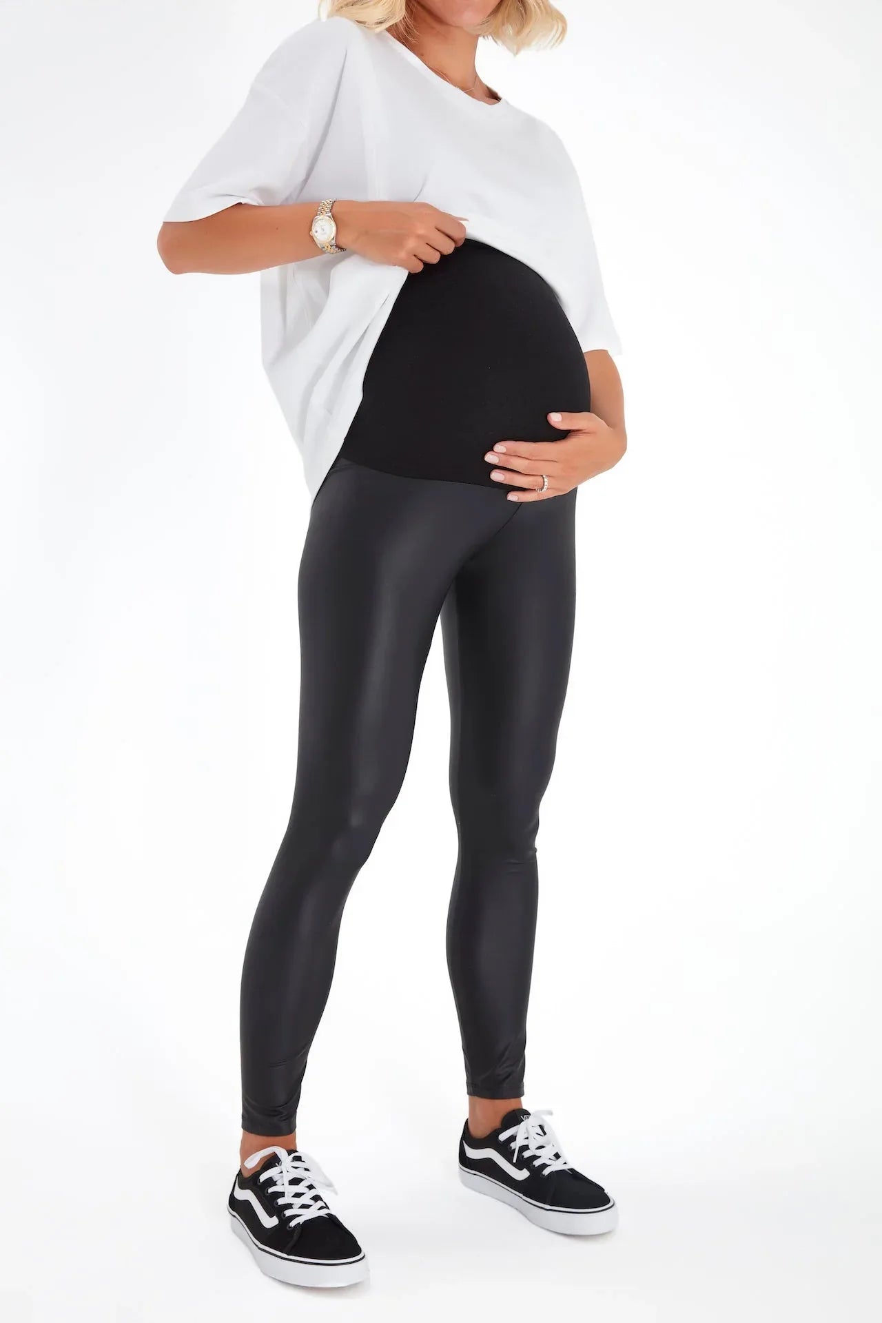 Subtle Foldover Waistband Faux Leather Maternity Leggings - BIG FRENCHIES