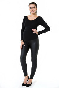 Subtle Foldover Waistband Faux Leather Maternity Leggings - BIG FRENCHIES
