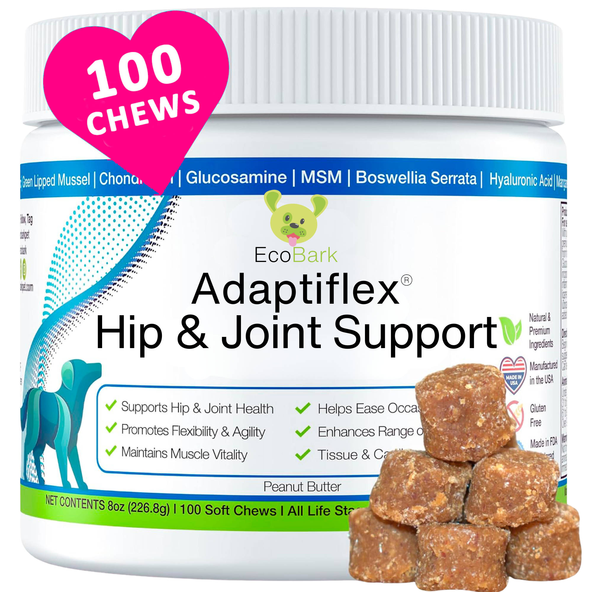 EcoBark Adaptiflex™ Hip and Joint Supplement for Dogs with Glucosamine, Chondroitin, and MSM - BIG FRENCHIES