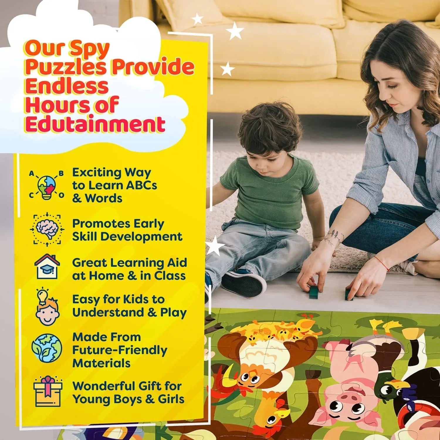 Alphabets Spy 48 Piece Floor Jigsaw Puzzle with Flashcards & Magnifying Glass - BIG FRENCHIES