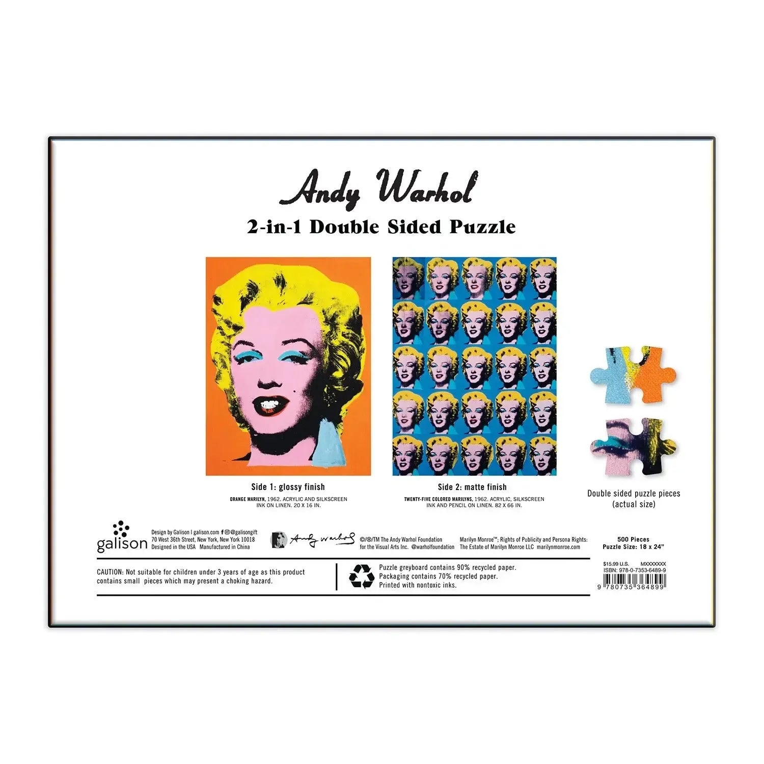 Andy Warhol Marilyn Double-Sided 500 Piece Jigsaw Puzzle Galison