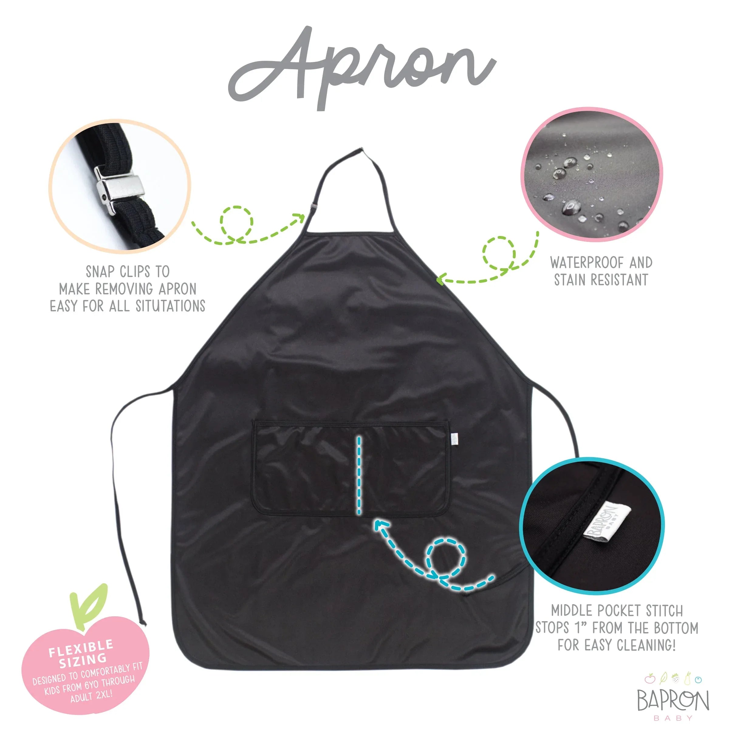 Solid Black Minimalist Apron - fits sizes youth small through adult 2XL - BIG FRENCHIES